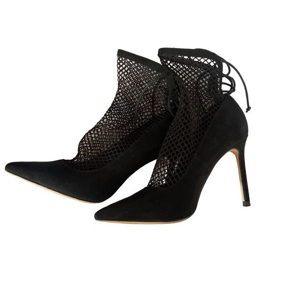 Zara Basic Women's Suede Pointed Toe Fishnet Sock Stiletto Pumps‎ Black Size 37 - Picture 4 of 10